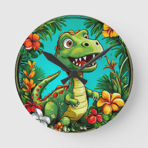 Relógio Redondo Dinossauro Adorável Cercado por Flores Coloridas