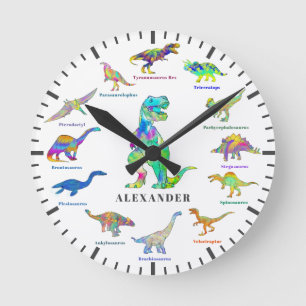 Relógio Redondo Dinossauros Fofos com nomes Personalizados colorid