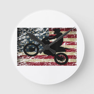 Relógio Redondo Dirt Bike USA Flag T-Shirt Motocross American Flag