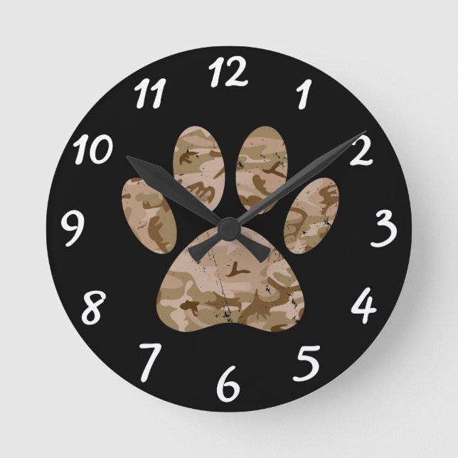 Relógio Redondo Distressed Desert Camo Dog Paw Print Round Clock (Frente)
