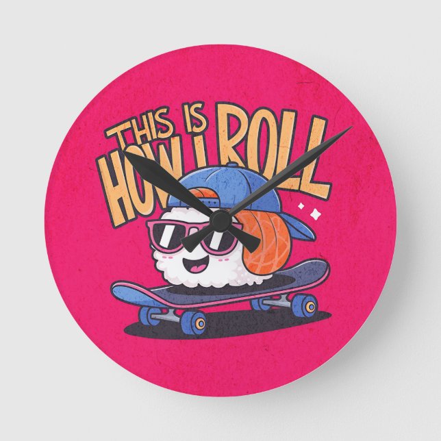 Relógio Redondo Diversão Kawaii Sushi no skate (Frente)