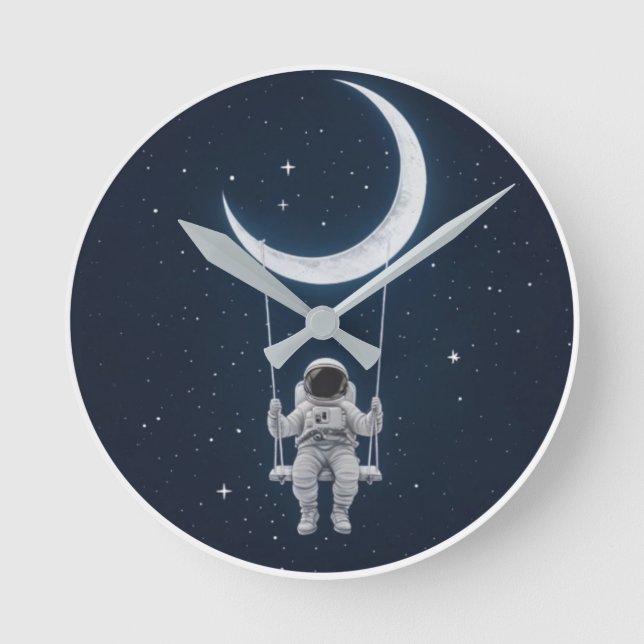 Relógio Redondo Divertido no espaço - Astronauta balançando na lua (Frente)