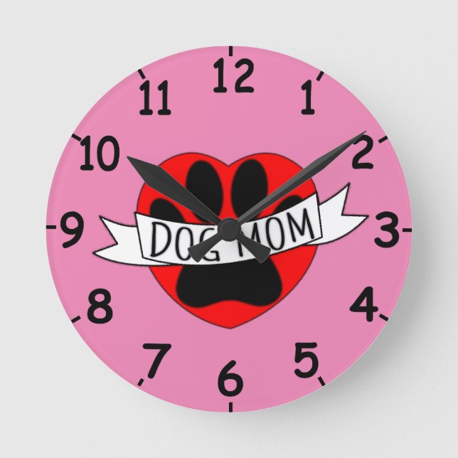 Relógio Redondo Dog Mom Paw And Red Heart Drawing With Numbers (Frente)