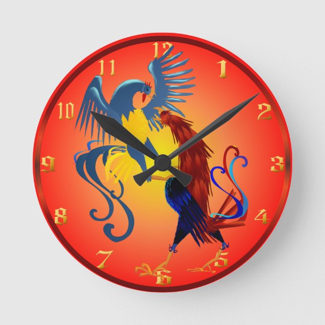 Relógio Redondo Dois galos de combate coloridos Wallclock (Frente)