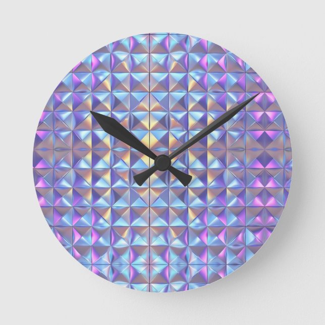 Relógio Redondo Dourado, Azul e Roxo Iridescente Geométrico 2 (Frente)