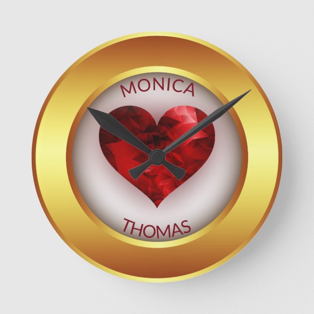 Relógio Redondo Dourado Círculo E Coração Vermelho (Frente)