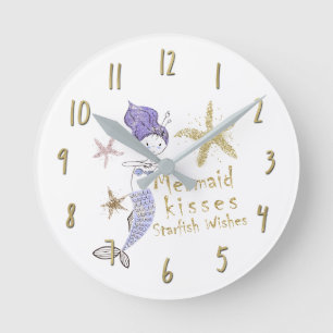 Relógio Redondo Dourado Roxo Brilho Desejos de Sereia Beijos de Es