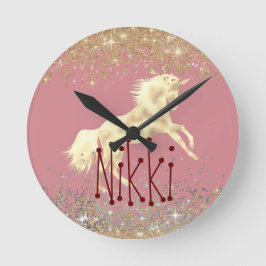 Relógio Redondo Dourado Unicórnio da Glittery em Pino Personalizad