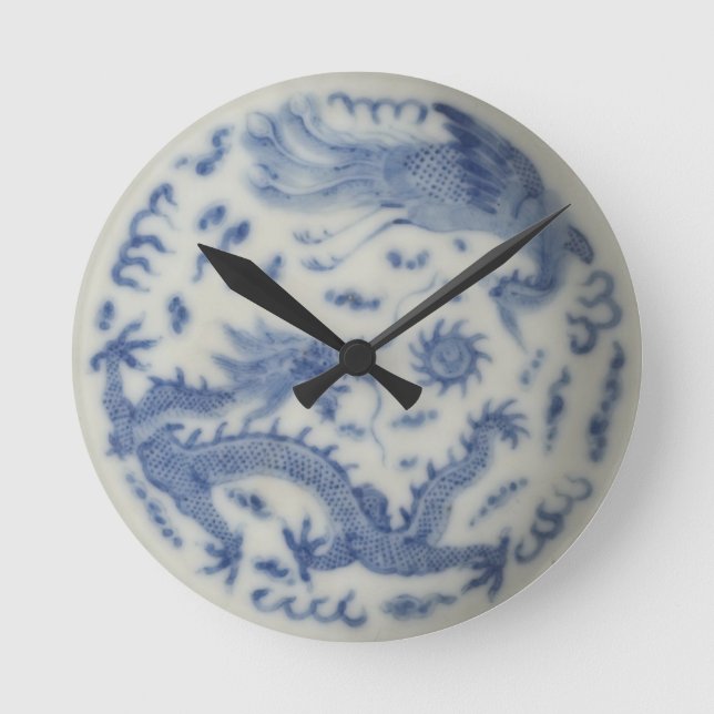 Relógio Redondo Dragão chinês de vinagre monaco, chinoiserie azul (Frente)
