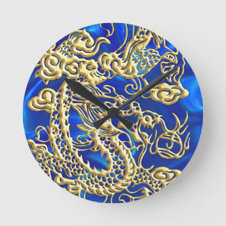 Relógio Redondo Dragão Dourado embutido no Impressão Satin Azul