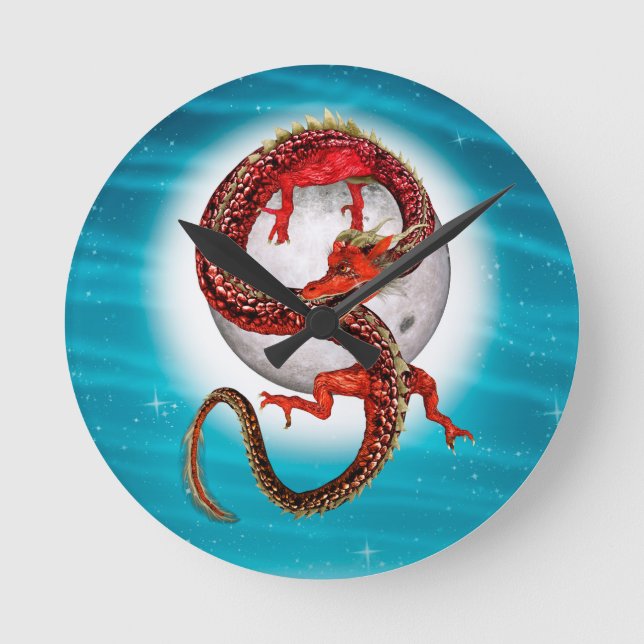 Relógio Redondo Dragão Lua Vermelha Arte de Fantasia Celestial (Frente)
