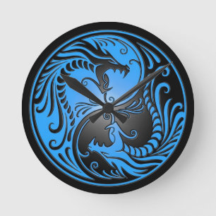 Relógio Redondo Dragões, azul e preto de Yin Yang