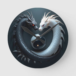 Relógio Redondo Dragões Yin Yang Preto e Branco