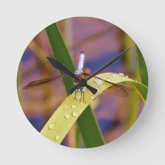 Relógio Redondo Dragonfly na folha de chuva