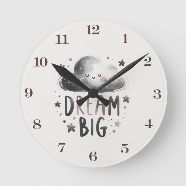 Relógio Redondo Dream Big Cloud and Stars Nursery Wall Clock (Frente)