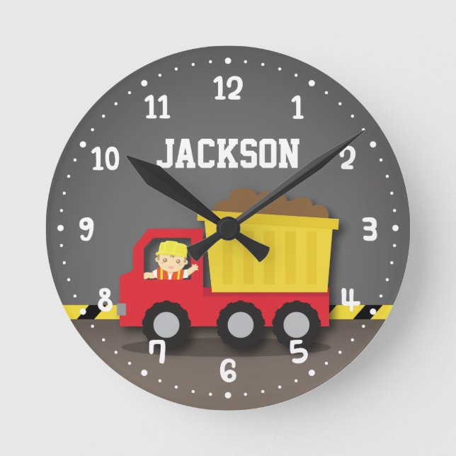 Relógio Redondo Dump Truck Construction Builder Boys Room Decor (Frente)