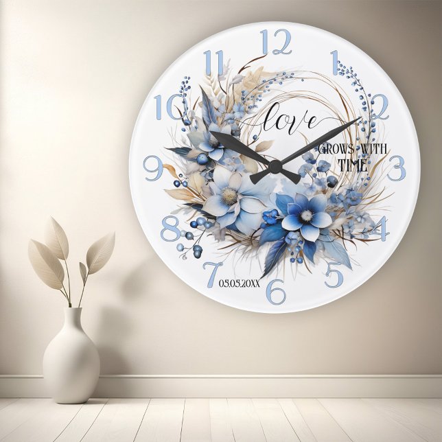 Relógio Redondo Dusty Blue Floral Watercolor Love (Wall clock showing a watercolor illustration of flowers in dusty blue and tan - wedding gift - love)