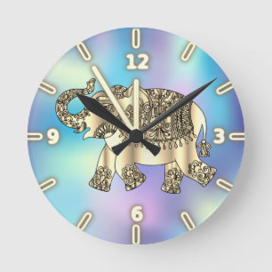 Relógio Redondo Elefante Floral Paisley Dourado, Azul Holográfico