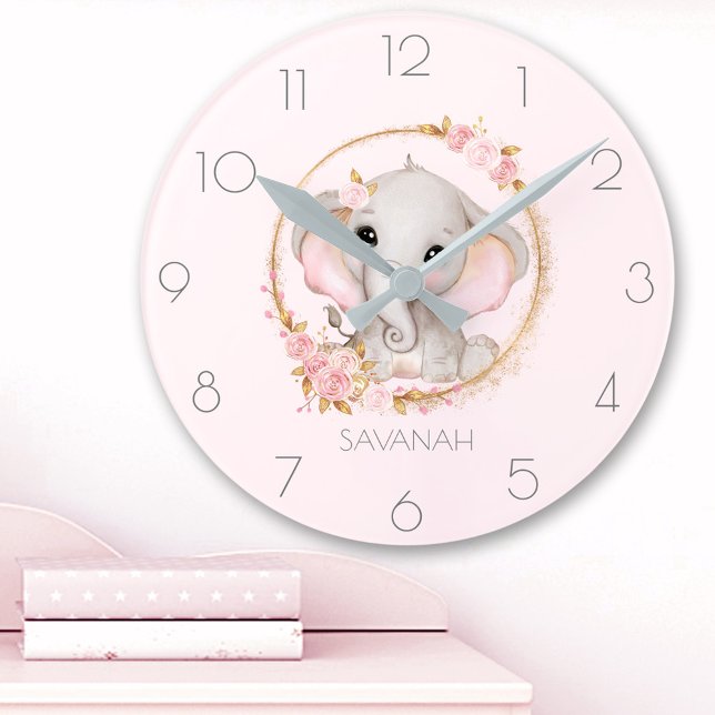 Relógio Redondo Elefante-Rosa-Rosa-Bonito Nome Rapariga (Cute Elephant Pink Roses Girl Name Round Clock)