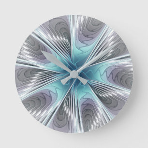 Relógio Redondo Elegance Modern Blue Cinza White Fractal Art Flowe