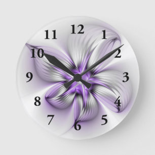 Relógio Redondo Elegância Floral Arte Fractal Violeta Abstrata Mod