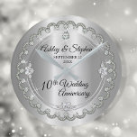 Relógio Redondo Elegant Heart Diamonds 10th Wedding Anniversary<br><div class="desc">Opulent elegance frames this 10th wedding anniversary design in a unique scalloped diamond design with center teardrop diamond with faux added sparkles on a tin colored gradient. Original design by Holiday Hearts Designs (rights reserved). Please note that all embellishments are printed and are only made to appear as real as...</div>