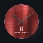 Relógio Redondo Elegant Monogrammed Red Brushed Metallic<br><div class="desc">Personalized Elegant Monogrammed Red Brushed Round Clock.</div>