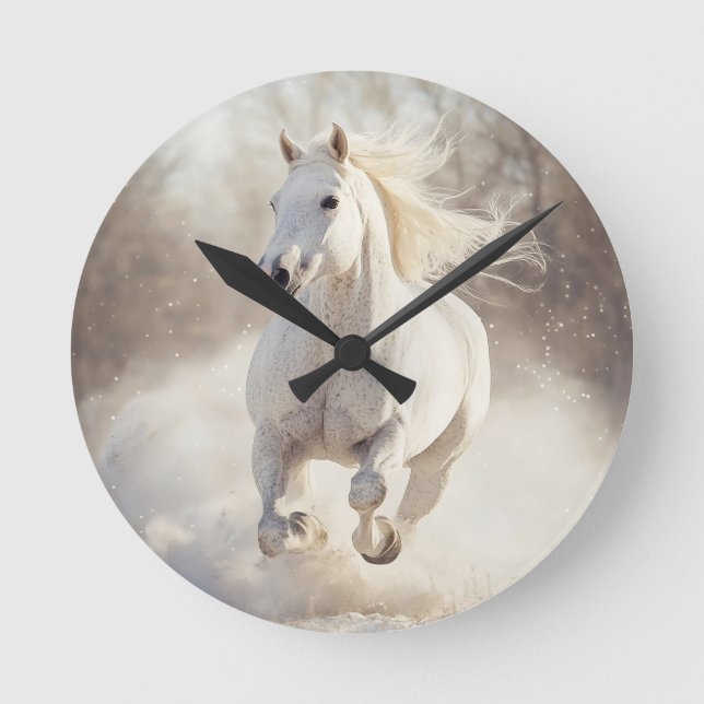 Relógio Redondo Elegant White Horse Wall Clock - Majestic Animal A (Frente)