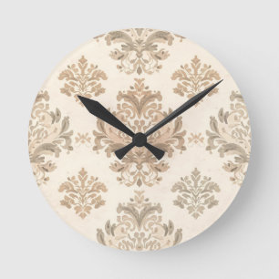 Relógio Redondo Elegante Bege Damask Vintage Casa de Campo Frances