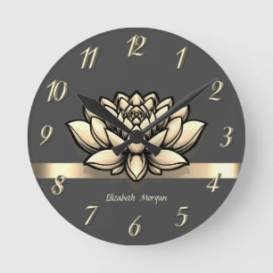 Relógio Redondo Elegante Chic Gold Lotus, Ioga