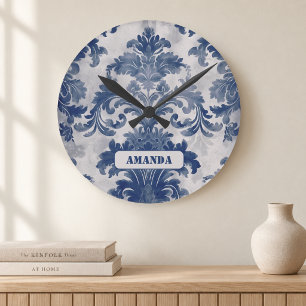 Relógio Redondo Elegante damasco Azul toile de jouy monograma