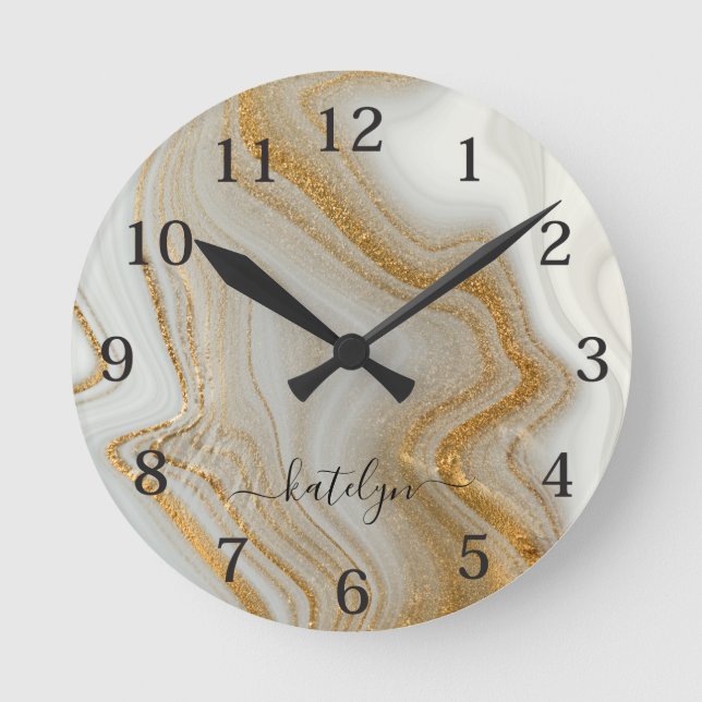 Relógio Redondo Elegante Dourado Marble (Frente)