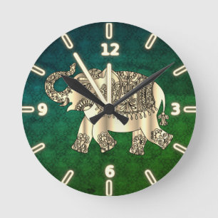 Relógio Redondo Elegante Elefante Floral Paisley Dourado, Damasko