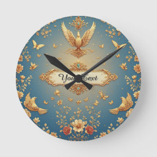 Relógio Redondo Elegante Moldura de Fenix Dourada Com Motivos Flor