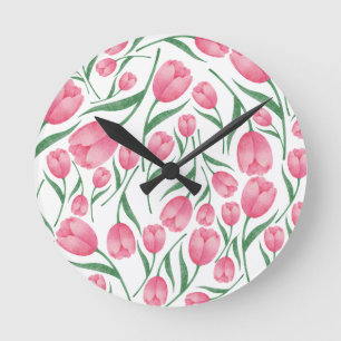 Relógio Redondo Elegante padrão floral de tulipas rosa