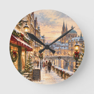 Relógio Redondo Elegante Paisagem Urbana Europeia de Natal