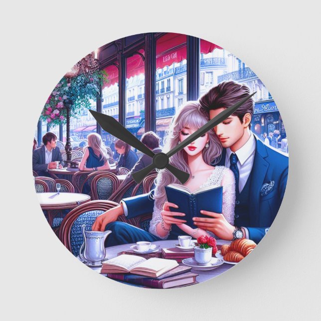 Relógio Redondo Elegante Parisiense Café Date: Uma Fuga Romântica (Frente)