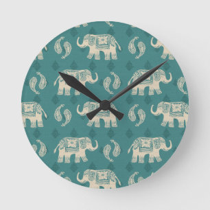 Relógio Redondo Elephant Teal Caravan Pattern