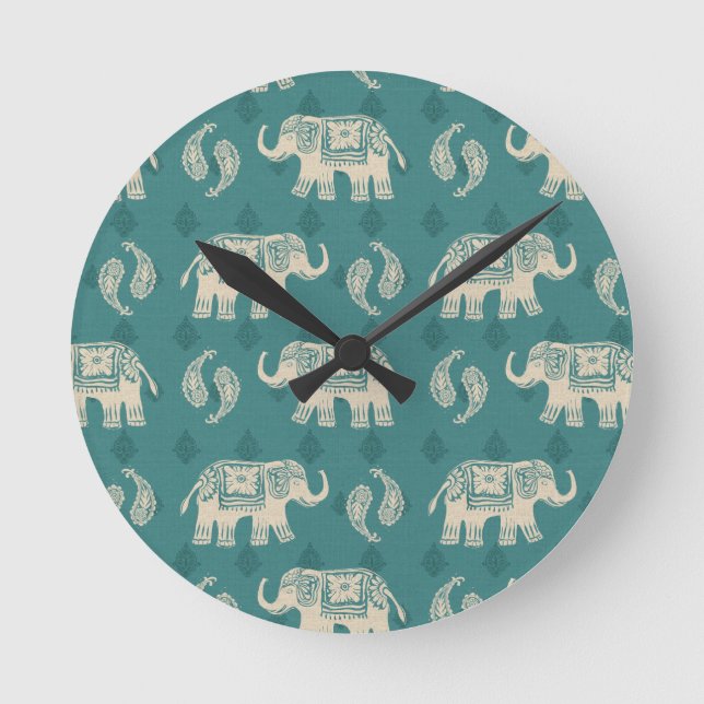 Relógio Redondo Elephant Teal Caravan Pattern (Frente)