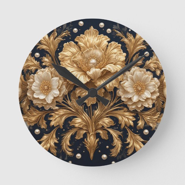 Relógio Redondo Embelezamento Floral Dourado (Frente)