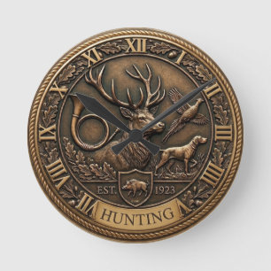 Relógio Redondo Emblema de Caça em Bronze