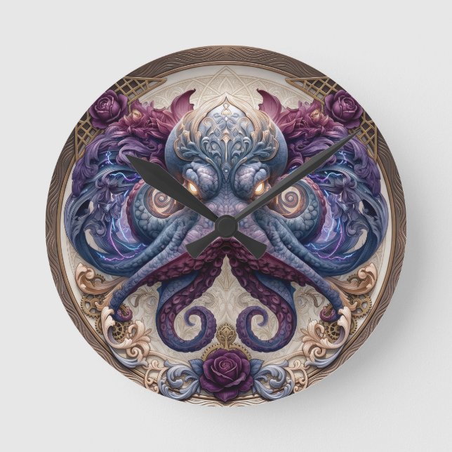 Relógio Redondo Emblema de polvo Steampunk com rosas roxas (Frente)