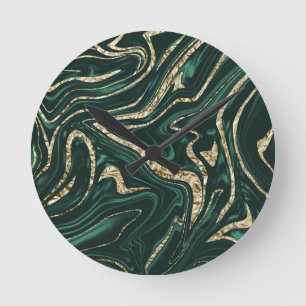Relógio Redondo Emerald Green Dourado Marble #2 (Foil Faux)