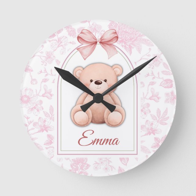 Relógio Redondo Emma | Design de Enfermeiro de Urso Rosa Personali (Frente)