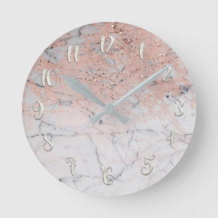 Relógio Redondo Encanto moderno de mármore de prata cor-de-rosa