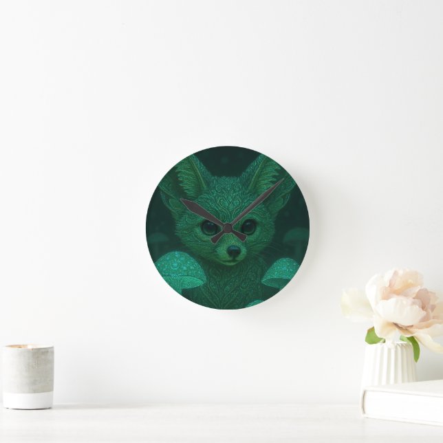 Relógio Redondo Enchanted Fox & Bioluminescent Mushrooms Clock  (Lar)