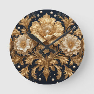 Relógio Redondo Enfeite Floral Dourado