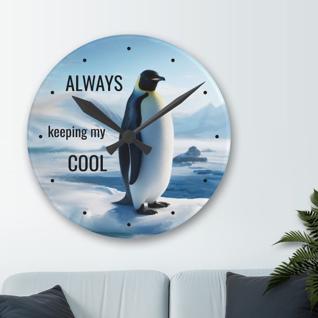 Relógio Redondo Engraçado Gelo Legal Pinguim (A funny wall clock featuring a painting of a penguin on ice.)
