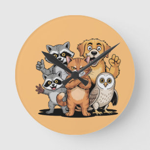 Relógio Redondo Equipe de Amigos Animais de Desenho Ilustração