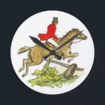 Relógio Redondo Equitação da ligação em ponte do caçador da caça<br><div class="desc">Pulso de disparo da caça de Fox da equitação da ligação em ponte do caçador. Uma imagem de um caçador do cavaleiro ou de raposa, vestida no vestuário completo com uma jaqueta vermelha e vestir do casaco um chapéu negro e botas, é assentada em um puro-sangue, saltando um trilho de...</div>